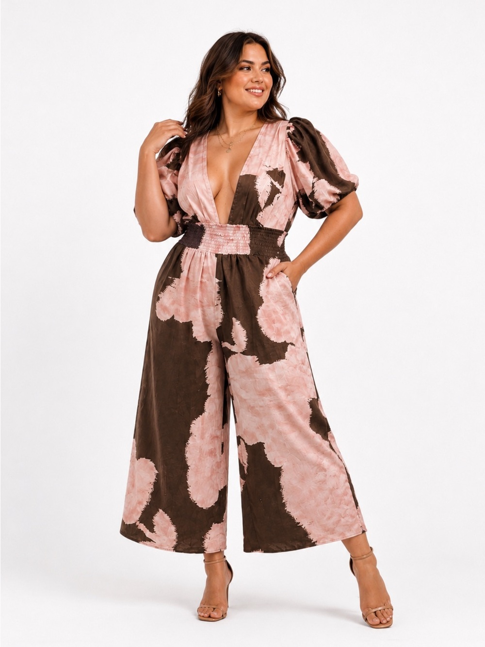 Hutch Anthropologie Isa Printed Smocked Puff Sleeve Wide Leg Jumpsuit Sz 2X